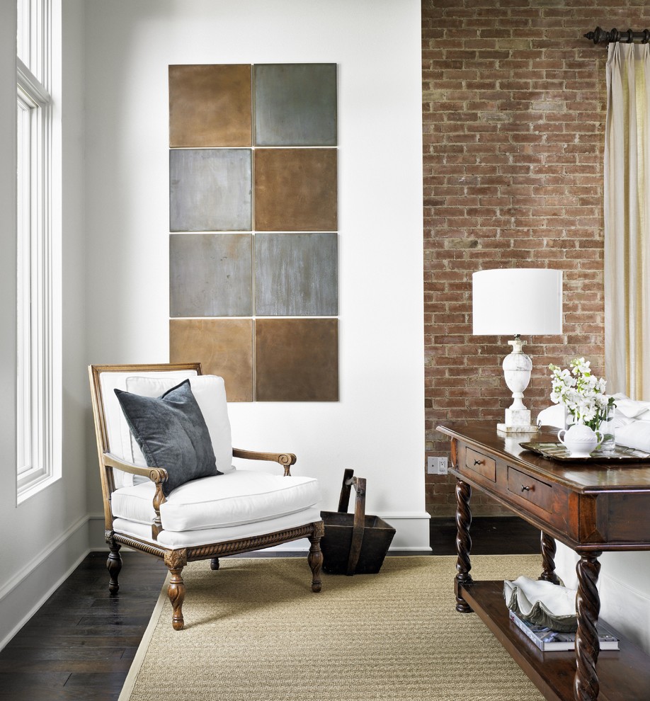 Inspiration for a timeless living room remodel in Austin with white walls