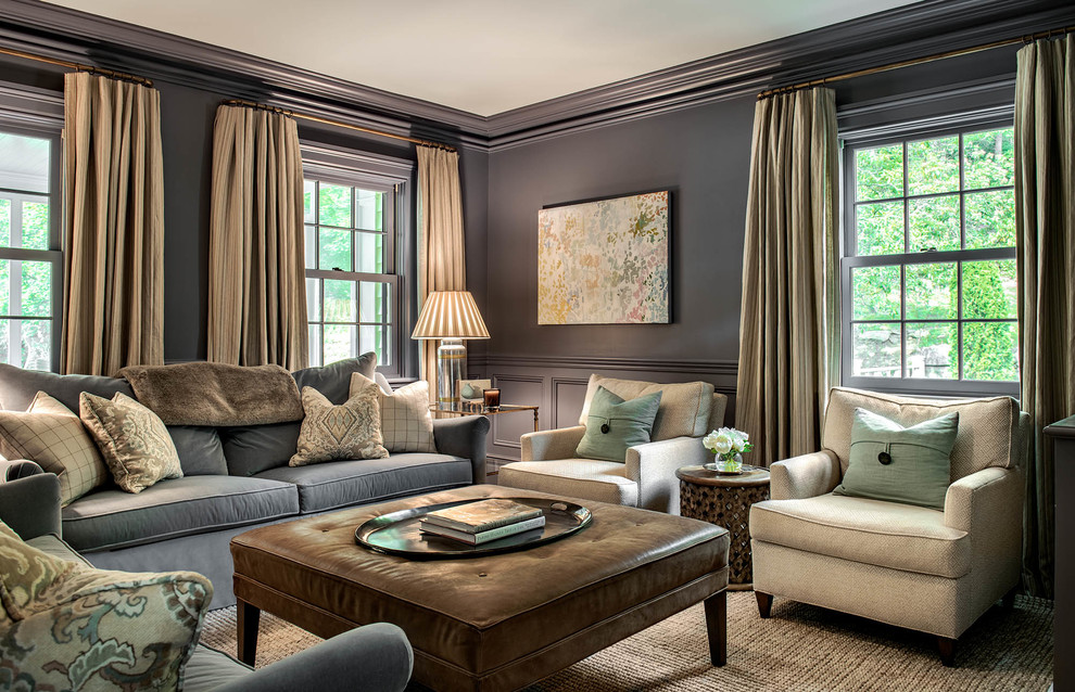 Mid-sized elegant formal and enclosed living room photo in New York with gray walls and a media wall