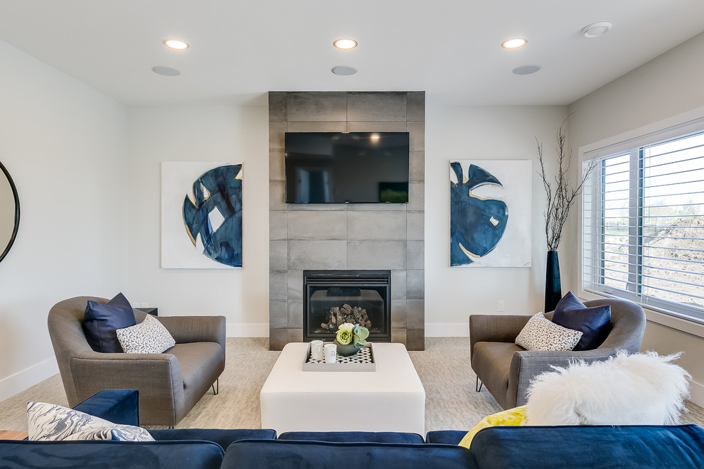 Living room - mid-sized contemporary open concept carpeted living room idea in Other with a standard fireplace, a tile fireplace and a wall-mounted tv