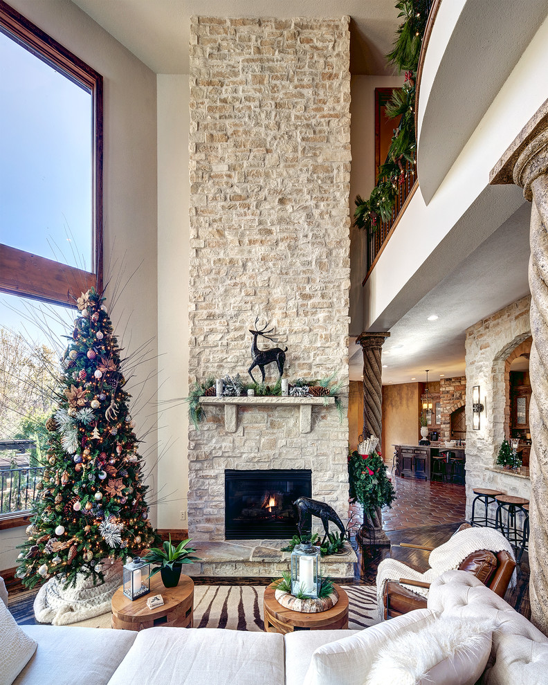 Statement Stone Fireplace Living Room Kansas City by Canyon Stone