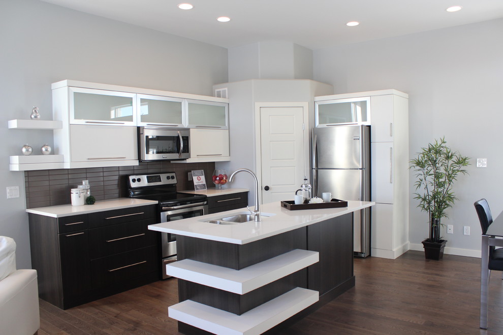 Medium sized modern kitchen in Other with dark hardwood flooring.