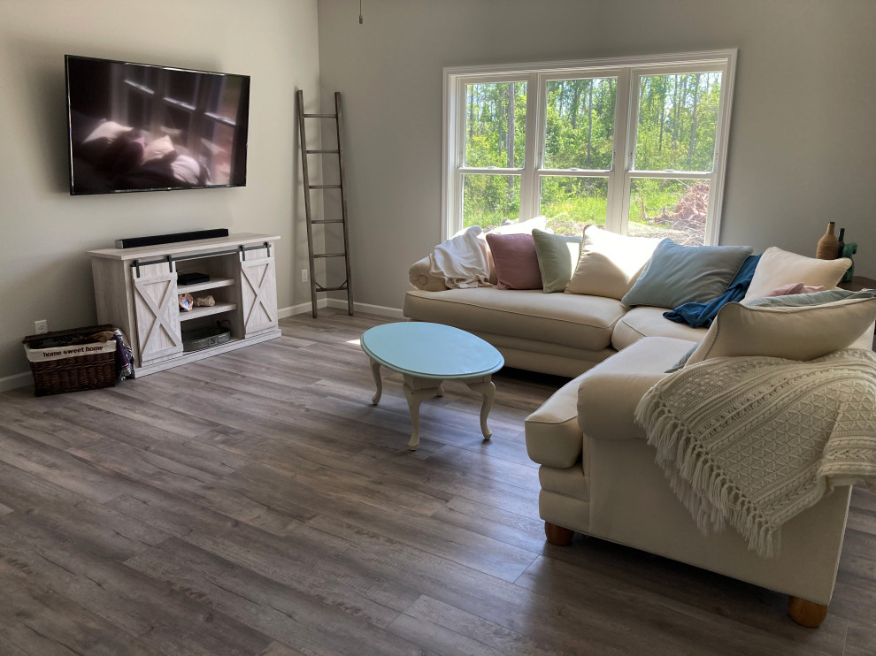 Cette image montre un salon minimaliste avec un mur gris, un sol en vinyl et un sol gris.