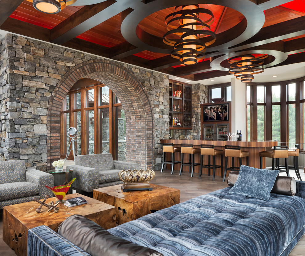 Идея дизайна: огромная открытая гостиная комната в современном стиле с полом из керамической плитки и домашним баром