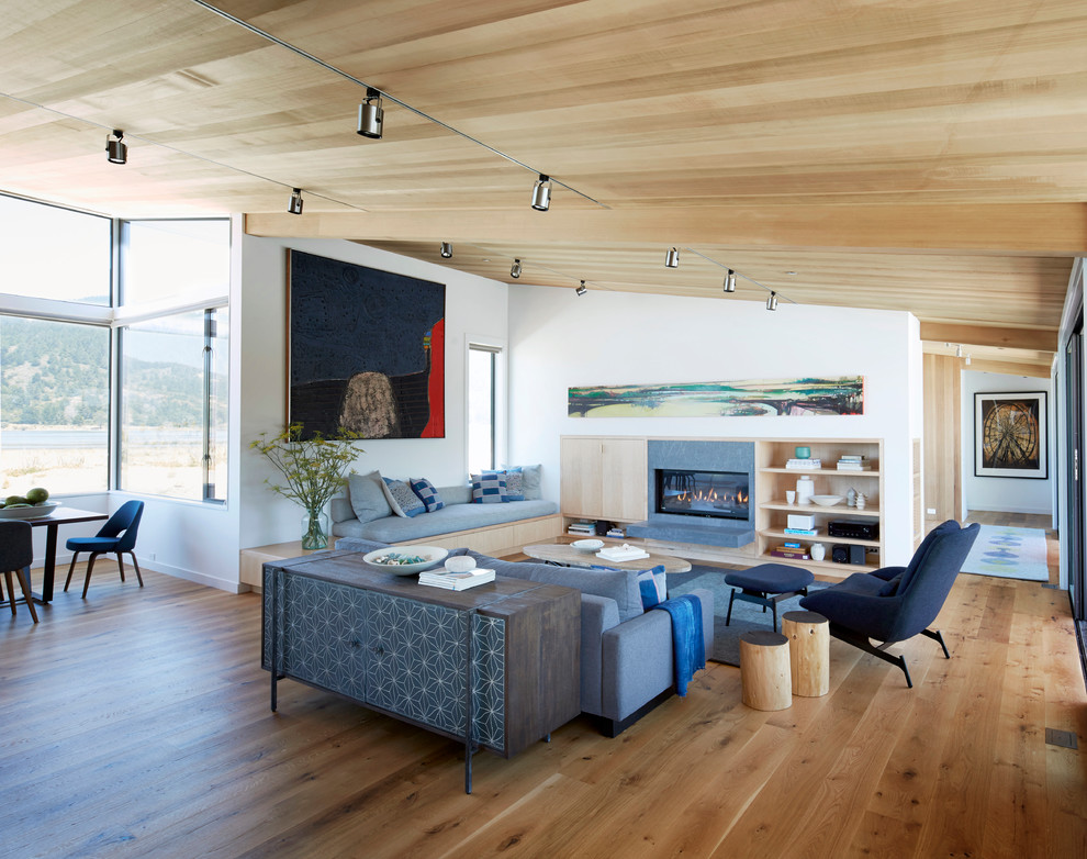 Ispirazione per un soggiorno design con pareti bianche, pavimento in legno massello medio e camino classico