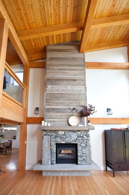 Stone Fireplace with Reclaimed Bargeboard Finish - Contemporary - Living  Room - Vancouver - by Island TimberFrame Ltd. | Houzz