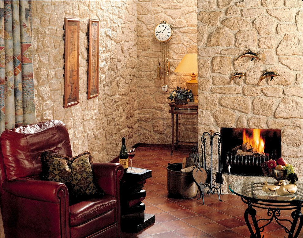 Foto di un piccolo soggiorno rustico con pareti bianche, camino classico, libreria, pavimento in terracotta e cornice del camino in intonaco