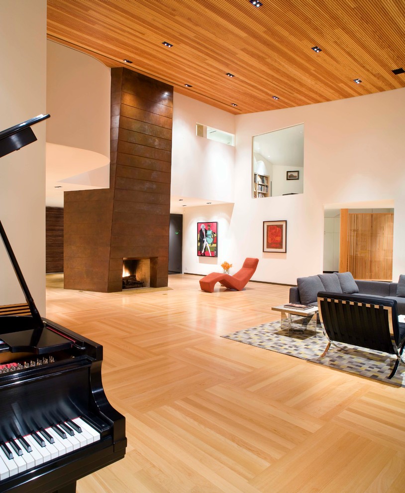Fernseherloses, Offenes Modernes Wohnzimmer mit weißer Wandfarbe, hellem Holzboden, Kamin und Kaminumrandung aus Metall in Austin
