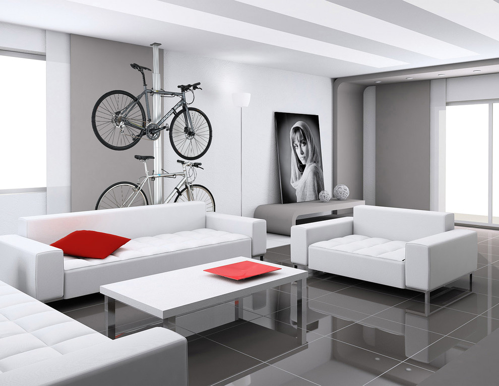 Foto di un ampio soggiorno moderno aperto con sala formale, pareti grigie e pavimento con piastrelle in ceramica