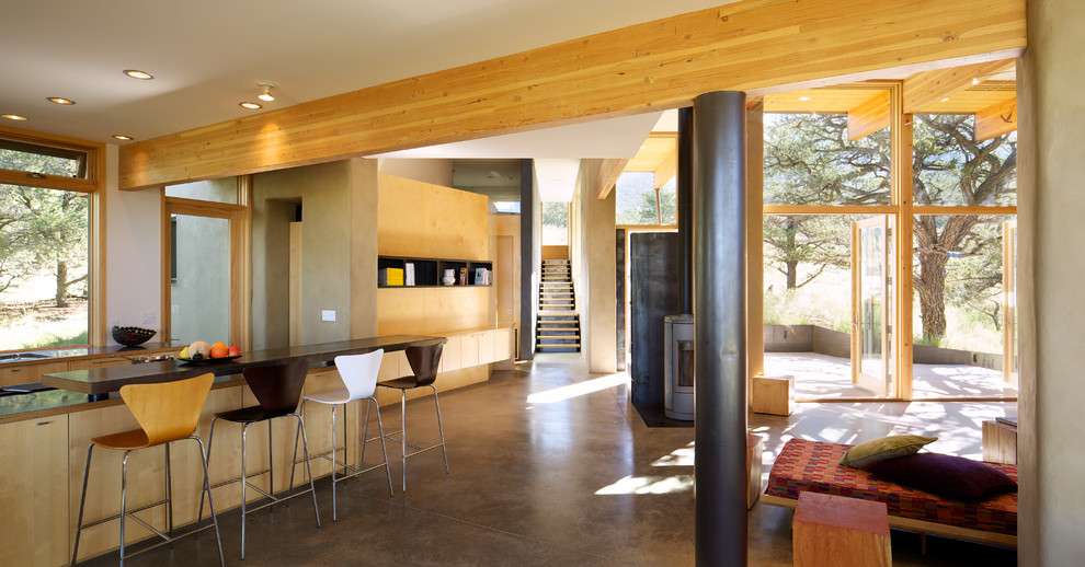 Стильный дизайн: гостиная комната в стиле модернизм с бетонным полом - последний тренд