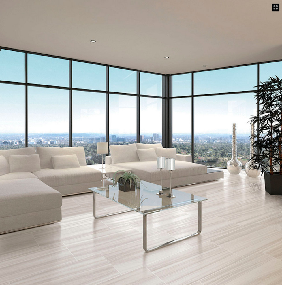 Idee per un grande soggiorno moderno con sala formale, pavimento in gres porcellanato e pavimento bianco