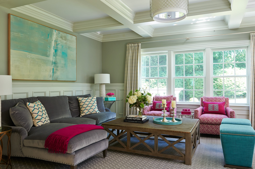 This is an example of a medium sized traditional living room in New York with grey walls and feature lighting.