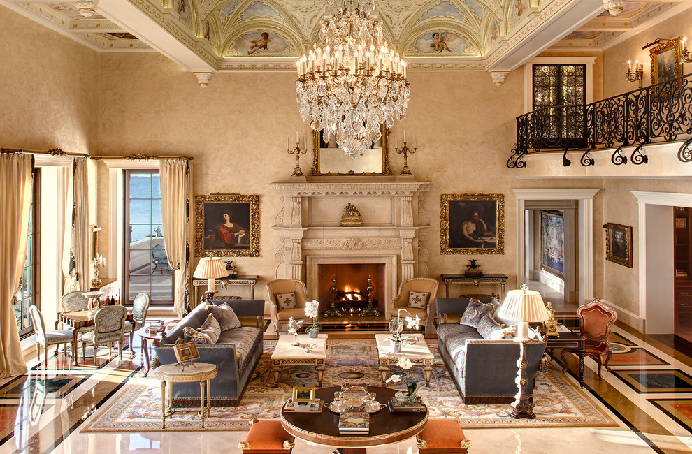 Living room - huge traditional formal and open concept marble floor and beige floor living room idea in Miami with a stone fireplace, beige walls, a standard fireplace and no tv