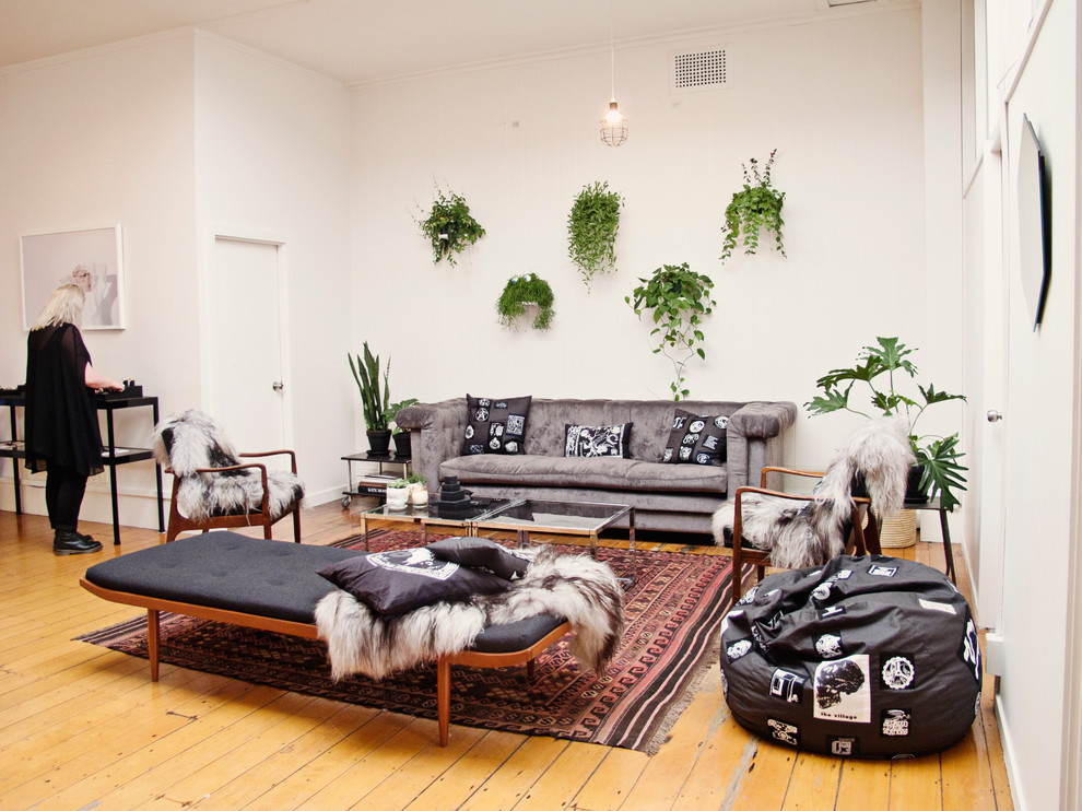 Eclectic living room in Auckland with medium hardwood flooring.