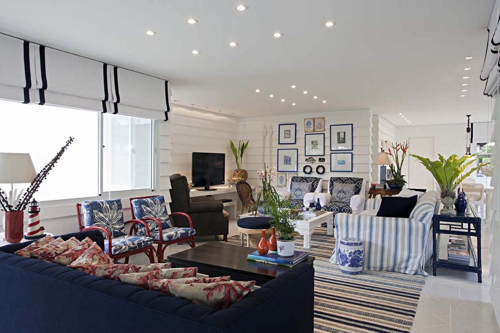 Inspiration for a contemporary living room remodel in Other with white walls and a tv stand