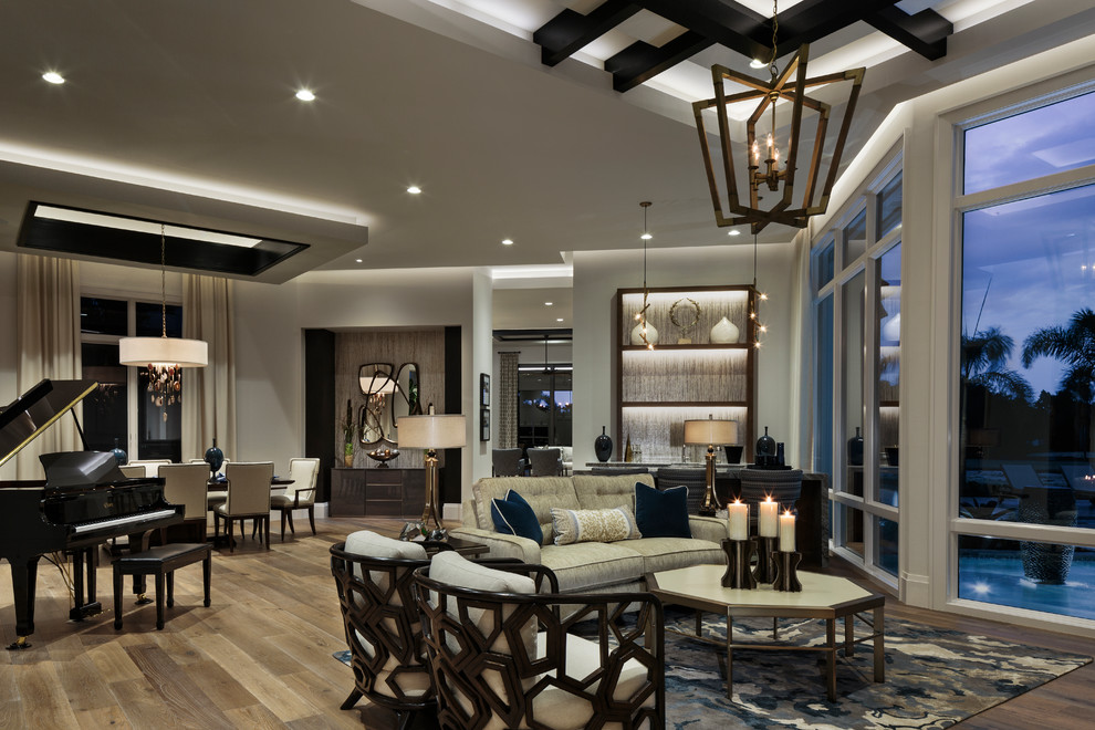 Inspiration for a large traditional open plan living room in Miami with a music area, white walls, dark hardwood flooring, a ribbon fireplace, a plastered fireplace surround, no tv and brown floors.