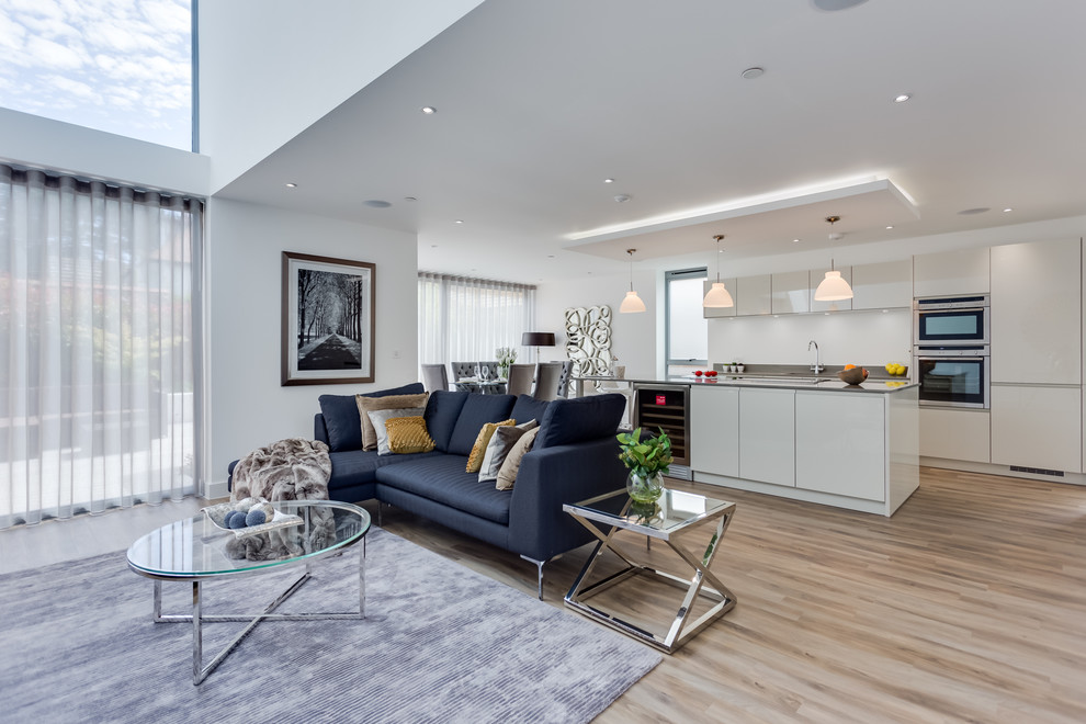 Offenes Modernes Wohnzimmer mit weißer Wandfarbe und hellem Holzboden in Dorset