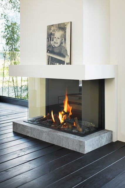 Stuv B-100 H 3 sided Gas Fire + Under-Cover Frame u0026 Bluestone Hearth -  Contemporary - Living Room - Other - by Tulipalo Exceptional Fires | Houzz