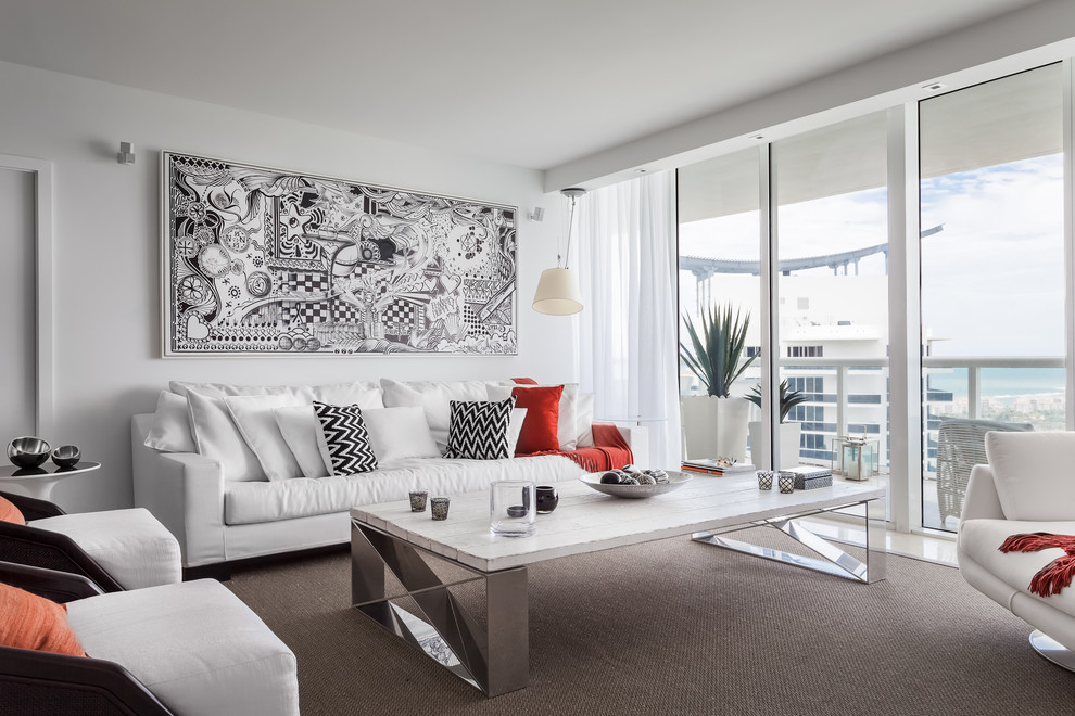 Example of a trendy living room design in Miami with white walls