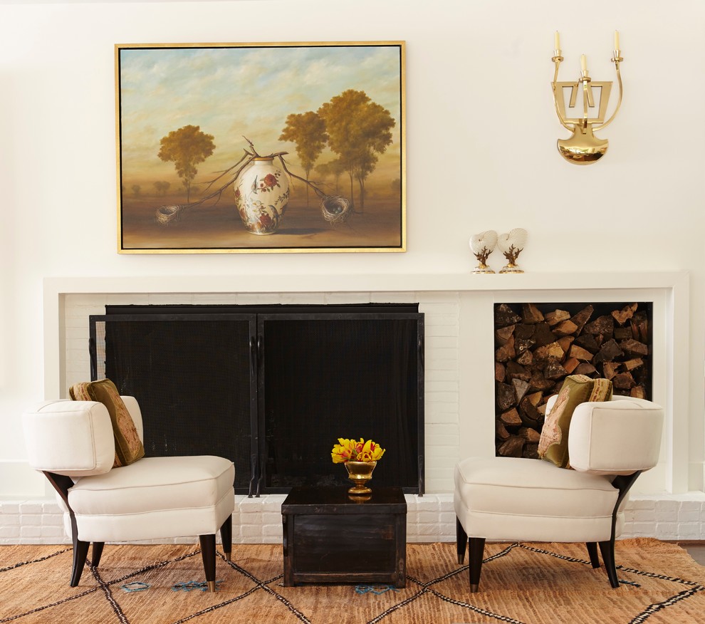 Design ideas for a contemporary formal living room in Charlotte with white walls and a standard fireplace.