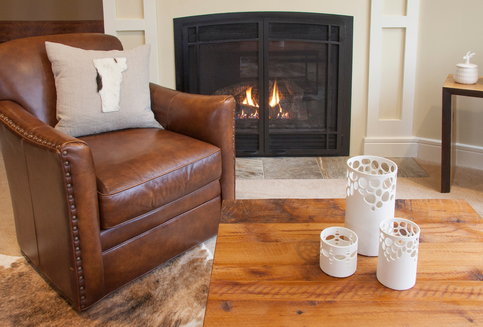 Inspiration for a mid-sized rustic open concept living room remodel in Burlington with a wood fireplace surround