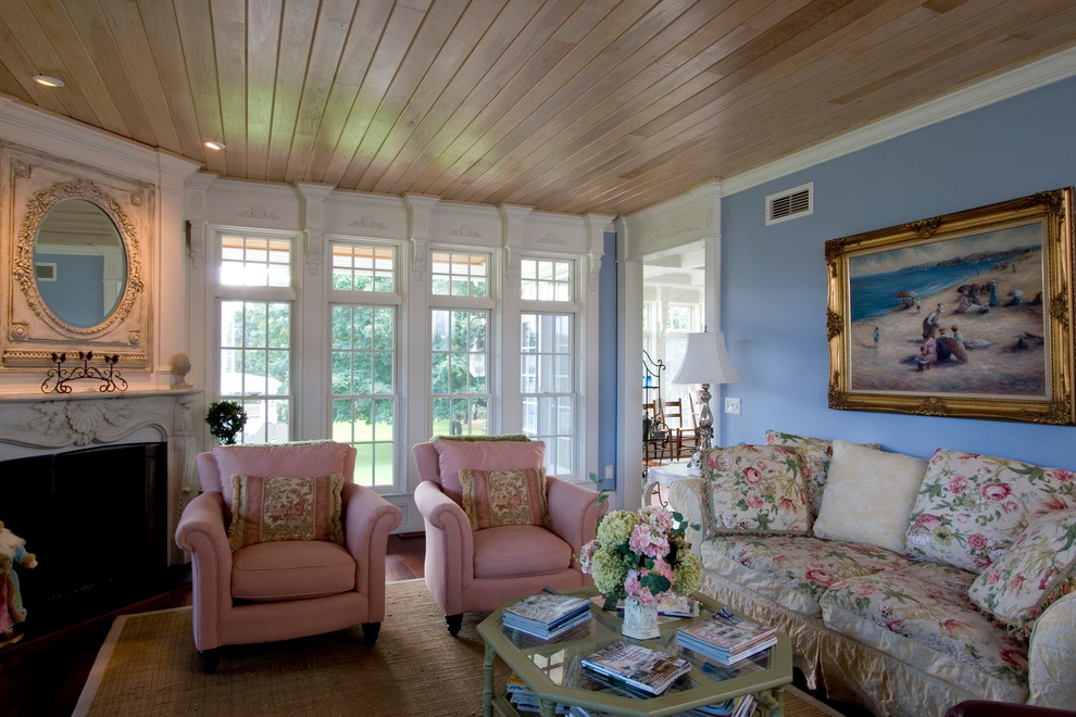 Mid-sized beach style formal and enclosed dark wood floor and brown floor living room photo in Providence with blue walls, a corner fireplace and a plaster fireplace