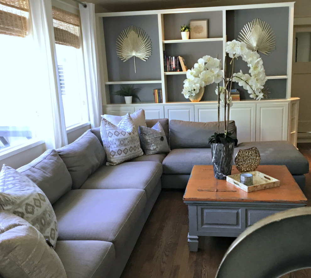 Photo of a medium sized rural formal enclosed living room in Houston with dark hardwood flooring, no tv and brown floors.