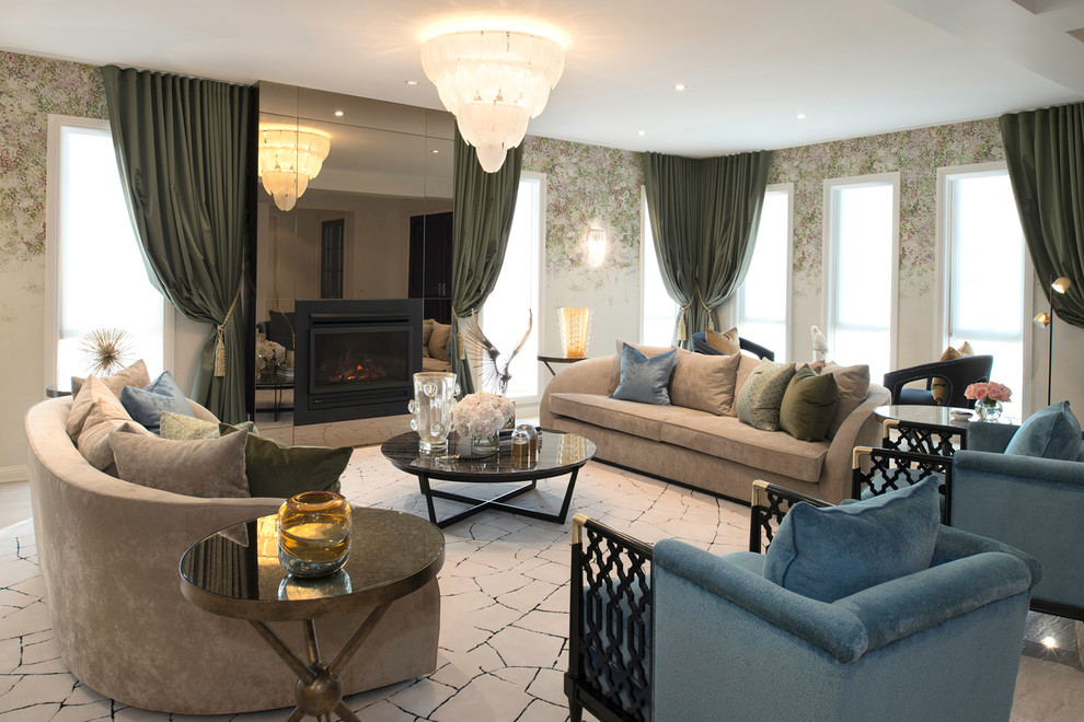 Exemple d'un grand salon éclectique ouvert avec une salle de réception, moquette, une cheminée standard, un manteau de cheminée en métal, aucun téléviseur, un sol beige et un mur multicolore.