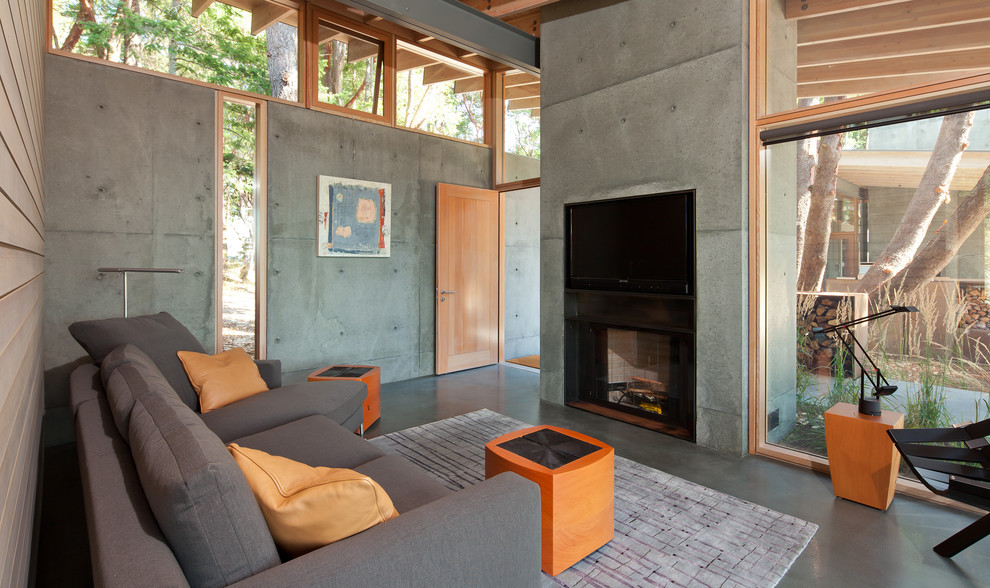 Inredning av ett modernt vardagsrum, med en spiselkrans i betong, betonggolv, grå väggar, en standard öppen spis och en inbyggd mediavägg