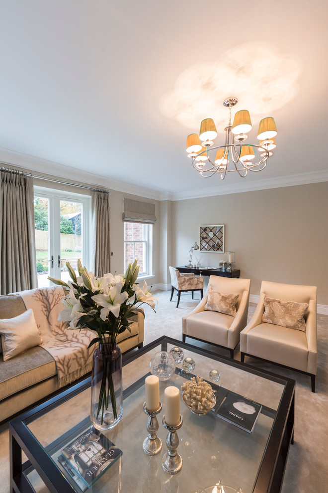 Example of a transitional living room design in Surrey