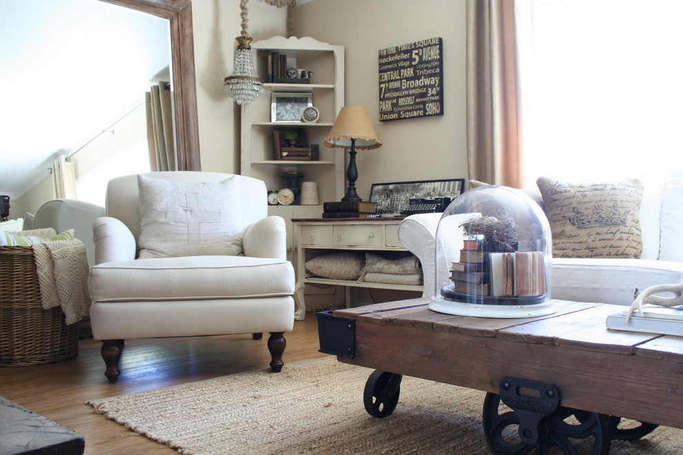 Example of a mid-sized cottage chic formal and open concept vinyl floor living room design in Los Angeles with beige walls and no tv