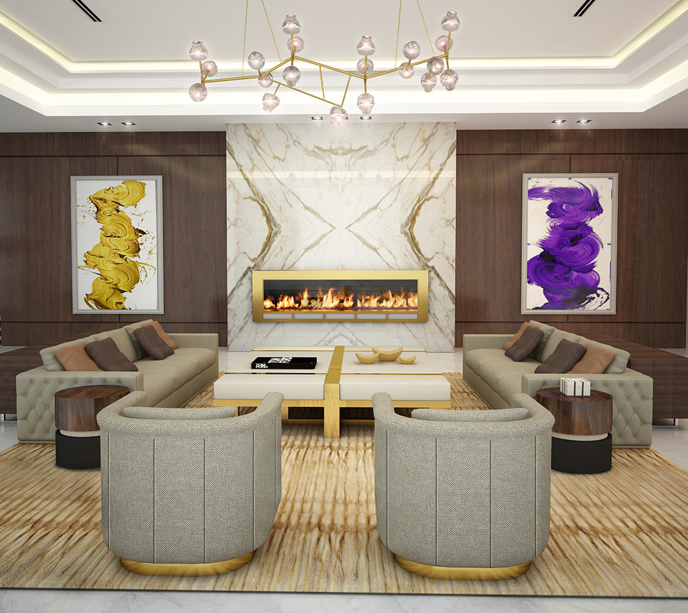 Großes, Repräsentatives, Fernseherloses, Offenes Modernes Wohnzimmer mit brauner Wandfarbe, Marmorboden, Gaskamin und Kaminumrandung aus Metall in Miami