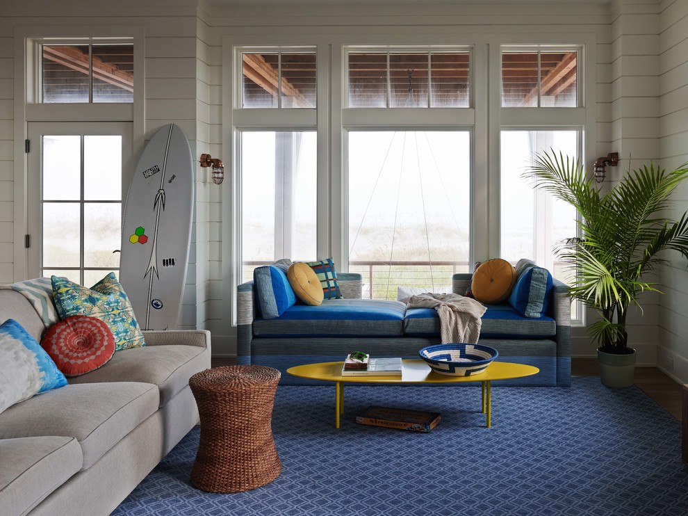 Inspiration for a large nautical formal living room in Wilmington with white walls and light hardwood flooring.