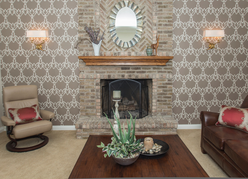 This is an example of a medium sized traditional enclosed living room in Chicago with beige walls, carpet, a standard fireplace, a stone fireplace surround and no tv.