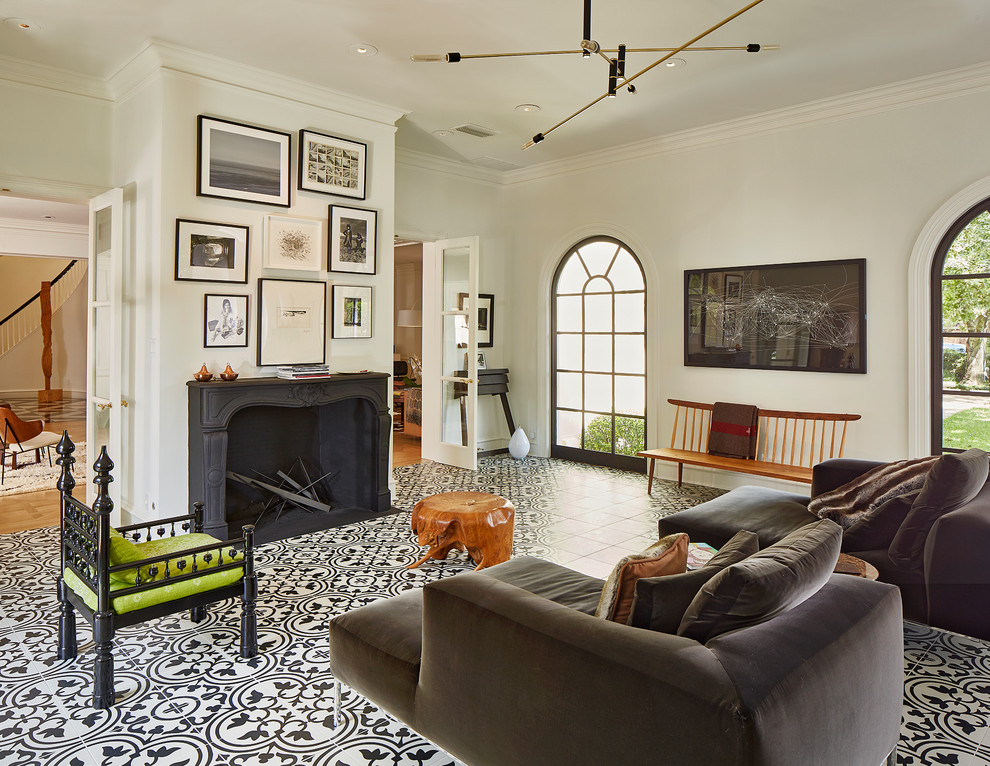 Example of a large eclectic enclosed and formal ceramic tile and multicolored floor living room design in Dallas with white walls, a two-sided fireplace, a concrete fireplace and no tv