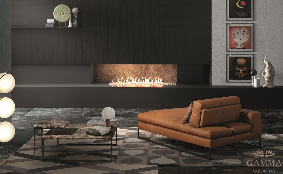 ボルチモアにある高級な中くらいなコンテンポラリースタイルのおしゃれなリビング (黒い壁、大理石の床、標準型暖炉、テレビなし、黒い床、金属の暖炉まわり) の写真