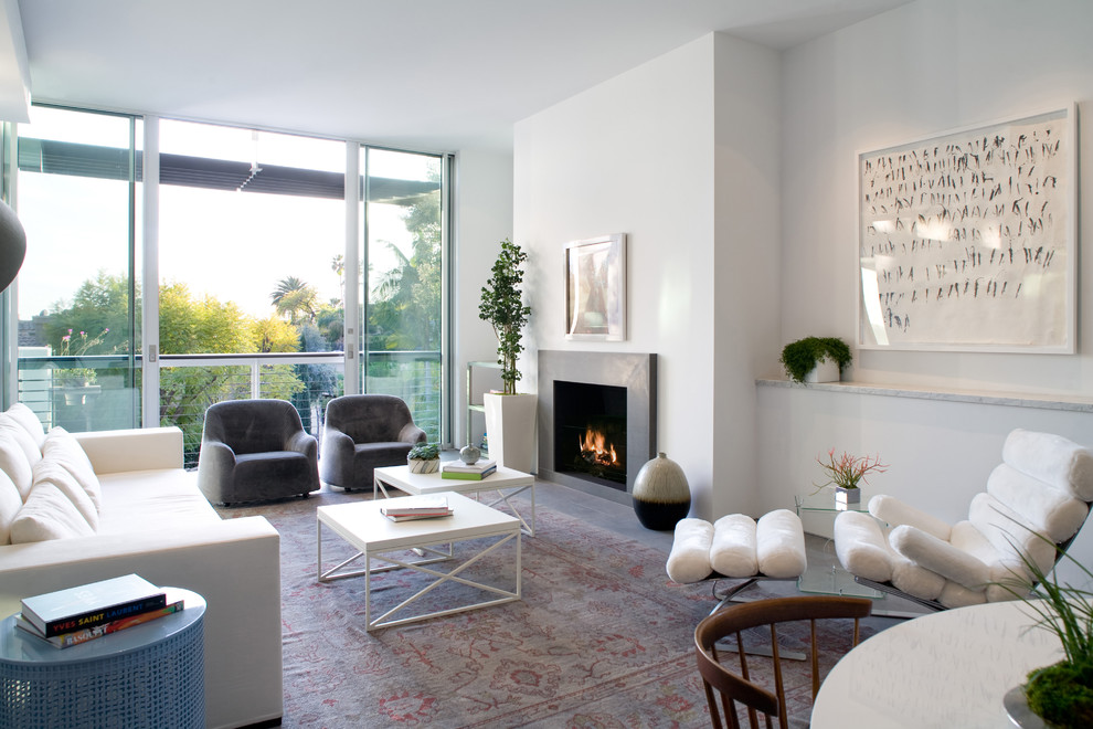 Cette image montre un salon minimaliste de taille moyenne et ouvert avec une salle de réception, un mur blanc, sol en béton ciré, une cheminée standard, un manteau de cheminée en béton et aucun téléviseur.