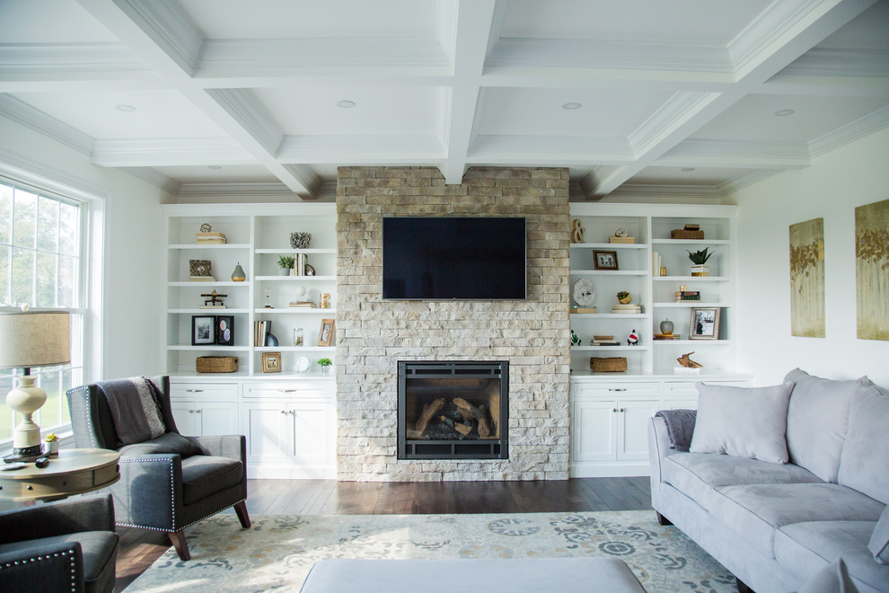 Example of a mid-sized minimalist open concept dark wood floor and brown floor living room design in Other with white walls, a standard fireplace, a stone fireplace and a wall-mounted tv