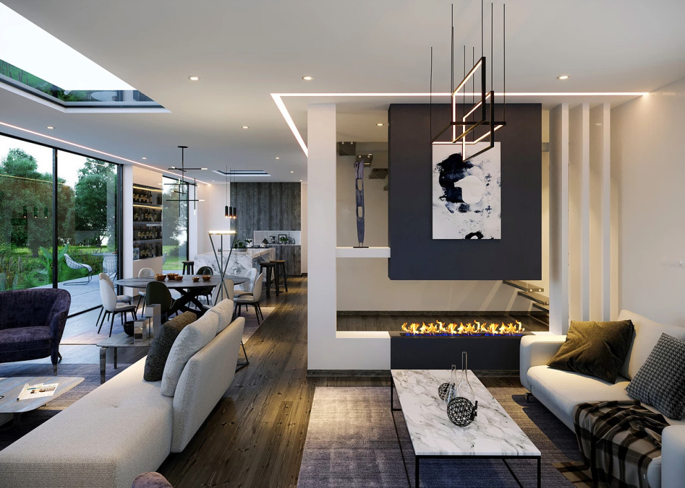 Großes, Offenes Modernes Wohnzimmer mit weißer Wandfarbe, braunem Holzboden, Gaskamin und braunem Boden in London