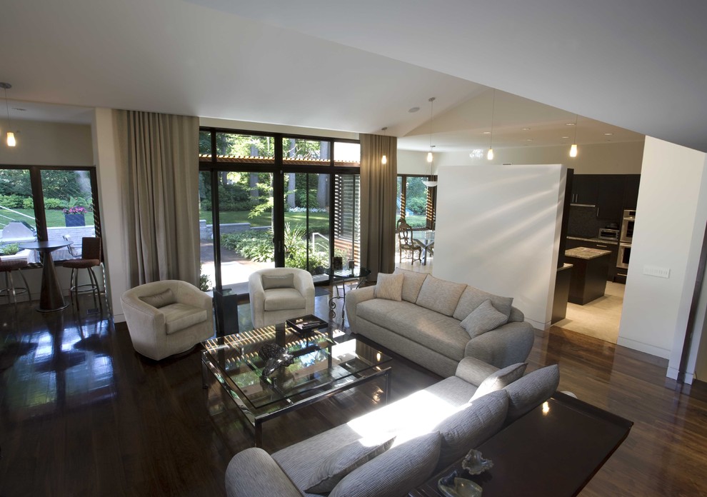 Foto di un ampio soggiorno minimal con sala formale, pareti bianche, parquet scuro e tappeto