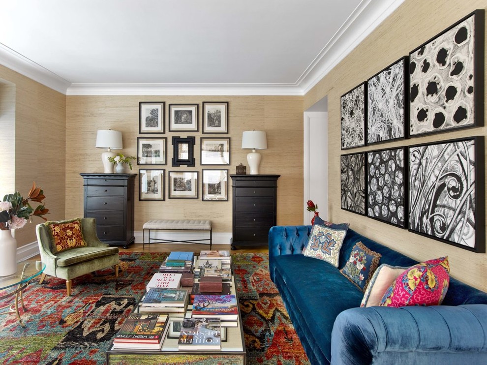 Photo of a large bohemian formal enclosed living room in London with beige walls.
