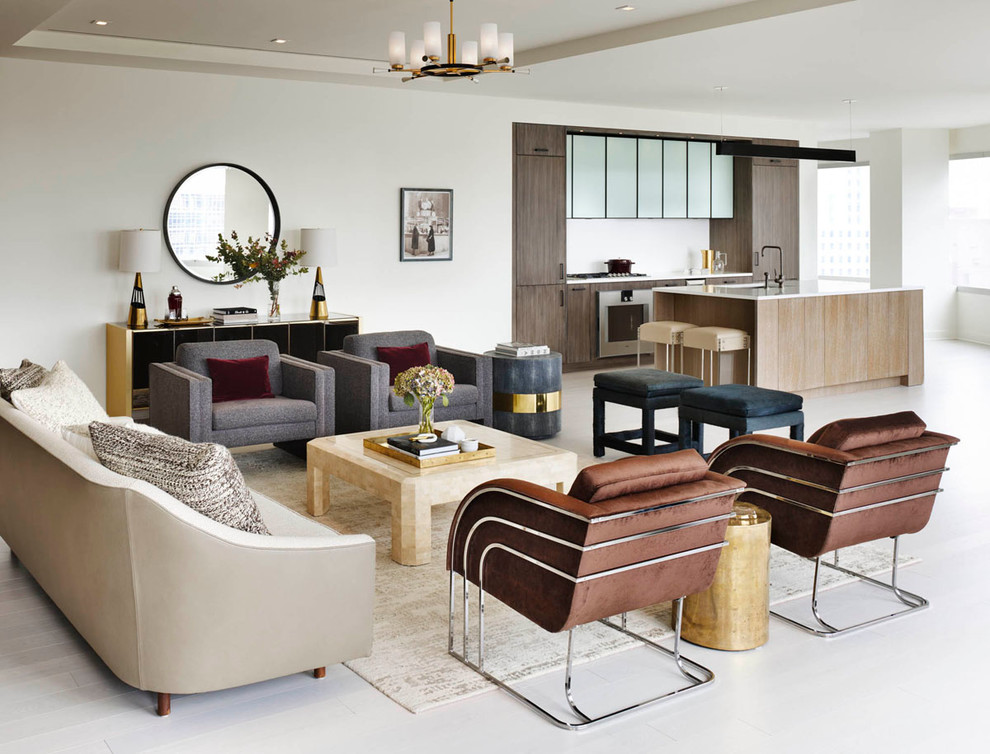 Стильный дизайн: открытая, парадная гостиная комната в современном стиле с белыми стенами - последний тренд