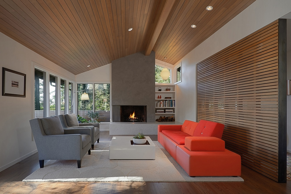 Modernes Wohnzimmer mit weißer Wandfarbe, braunem Holzboden und Kamin in Seattle