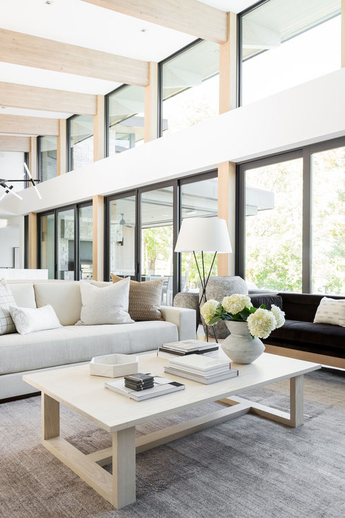 Esempio di un grande soggiorno minimalista aperto con pareti bianche, parquet chiaro, camino classico e nessuna TV