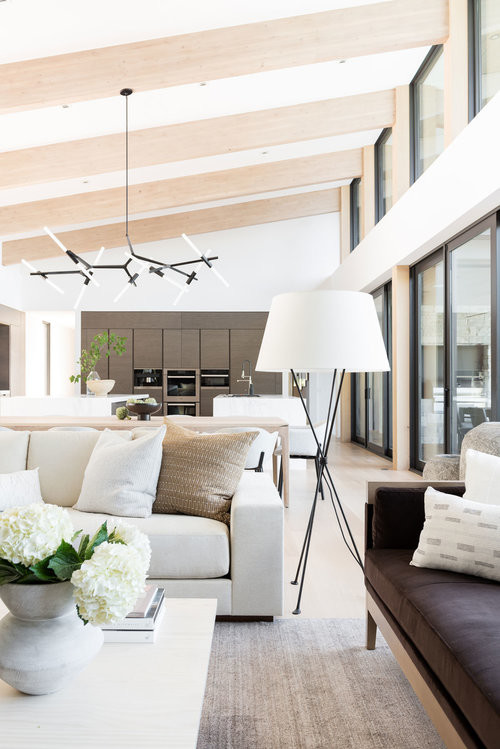 Idee per un grande soggiorno moderno aperto con pareti bianche, parquet chiaro e camino classico