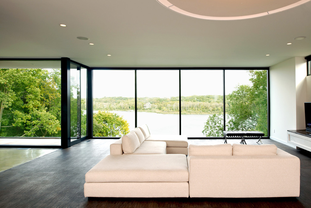 Immagine di un soggiorno minimalista di medie dimensioni e aperto con pavimento in cemento, pareti bianche e TV autoportante