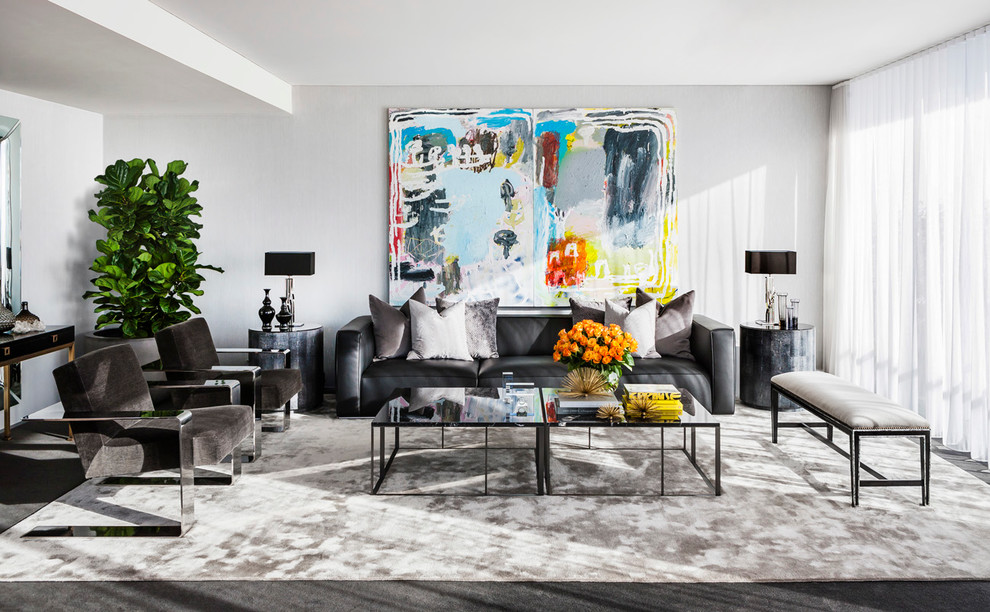 This is an example of a contemporary formal and grey and black living room in Sydney with grey walls.