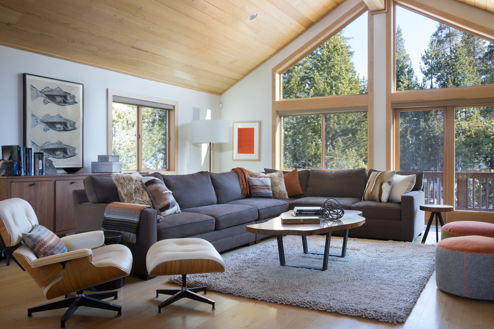 Modernes Wohnzimmer mit weißer Wandfarbe, hellem Holzboden und braunem Boden in Sonstige