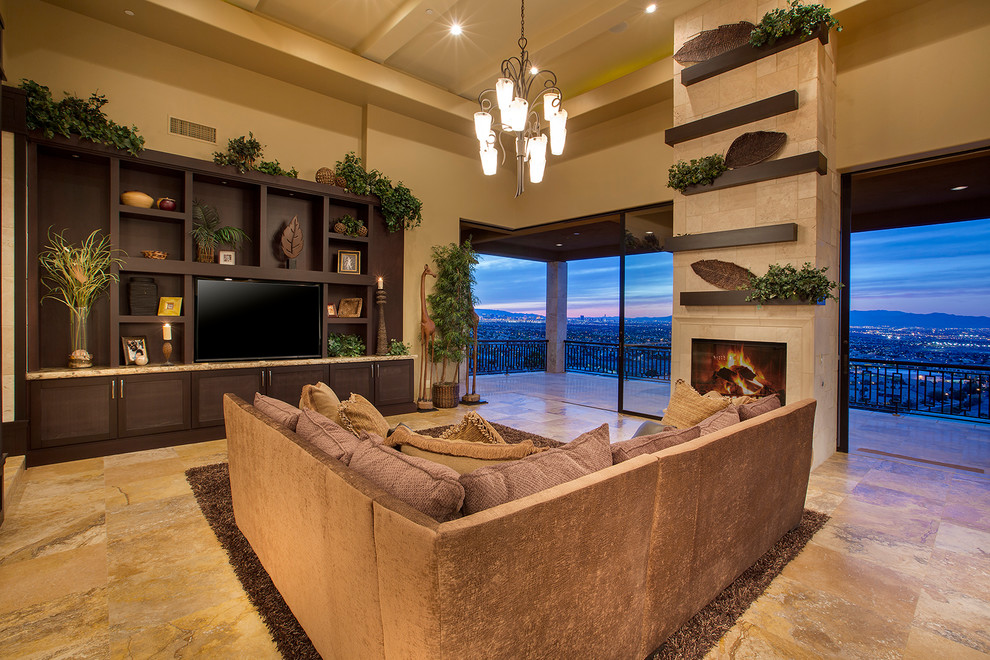 Living room - zen formal living room idea in Las Vegas with yellow walls, a standard fireplace, a tile fireplace and a media wall