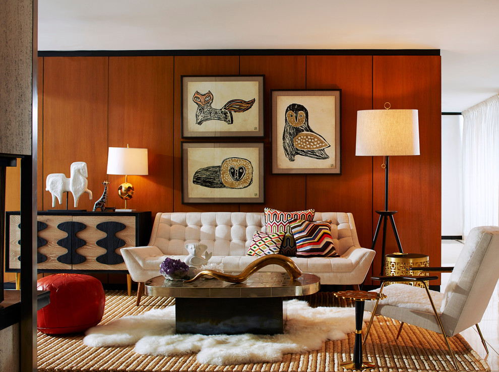 Свежая идея для дизайна: гостиная комната:: освещение в стиле ретро - отличное фото интерьера