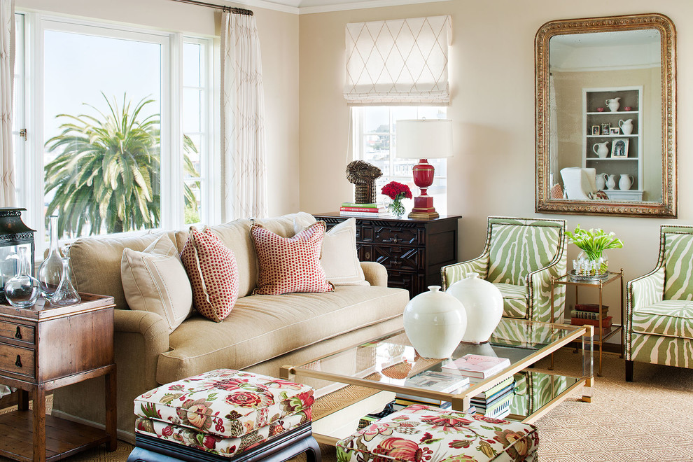 Inspiration for a traditional enclosed living room in San Francisco with beige walls and feature lighting.